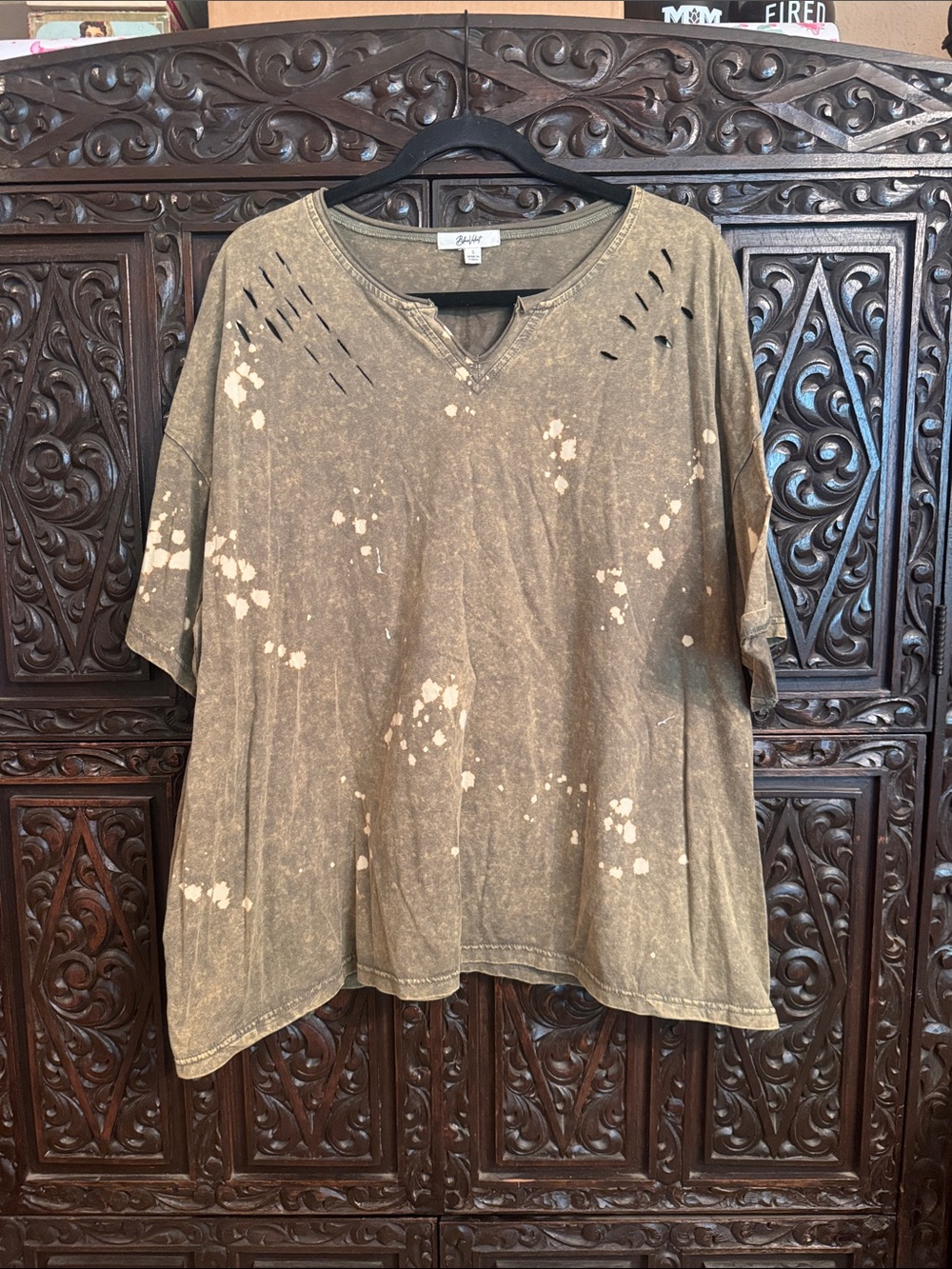 Blue Velvet Distressed Olive Short Sleeve Tee with V-Notch